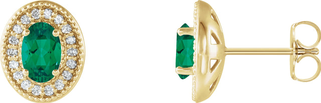 14K Gold Natural Emerald & Natural Diamond Oval 4-Prong Halo-Style Earrings - Yellow Gold