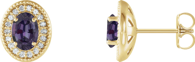 14K Gold Lab-Grown Alexandrite & Natural Diamond Oval 4-Prong Halo-Style Earrings - Yellow Gold