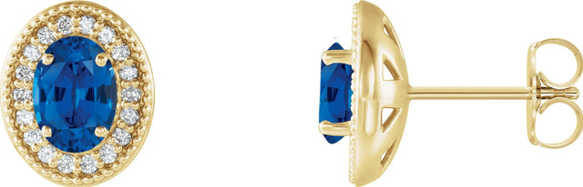 14K Gold Natural Blue Sapphire & Natural Diamond Oval 4-Prong Halo-Style Earrings - Yellow Gold