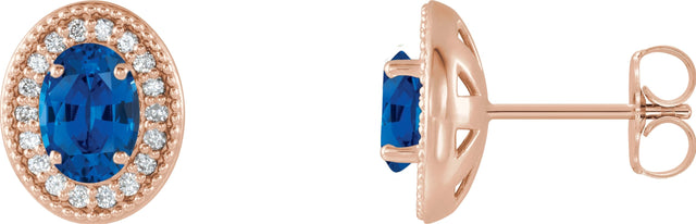 14K Gold Natural Blue Sapphire & Natural Diamond Oval 4-Prong Halo-Style Earrings - Rose Gold