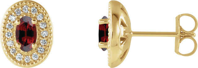 14K Gold Natural Mozambique Garnet & Natural Diamond Oval 4-Prong Halo-Style Earrings - Yellow Gold
