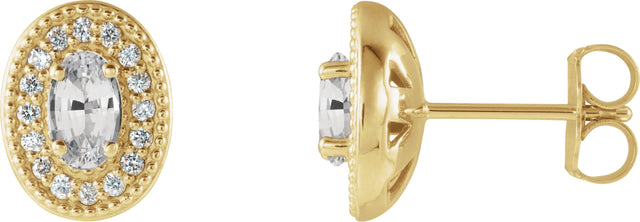 14K Gold Natural White Sapphire & Natural Diamond Oval 4-Prong Halo-Style Earrings - Yellow Gold