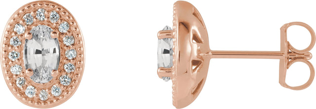 14K Gold Natural White Sapphire & Natural Diamond Oval 4-Prong Halo-Style Earrings - Rose Gold