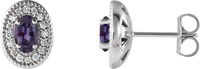14K Gold Lab-Grown Alexandrite & Natural Diamond Oval 4-Prong Halo-Style Earrings - White Gold