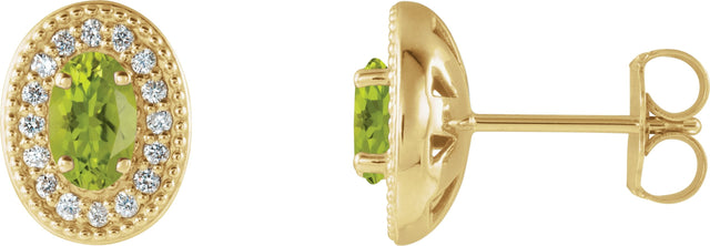 14K Gold Natural Peridot & Natural Diamond Oval 4-Prong Halo-Style Earrings - Yellow Gold