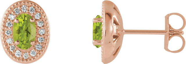 14K Gold Natural Peridot & Natural Diamond Oval 4-Prong Halo-Style Earrings - Rose Gold