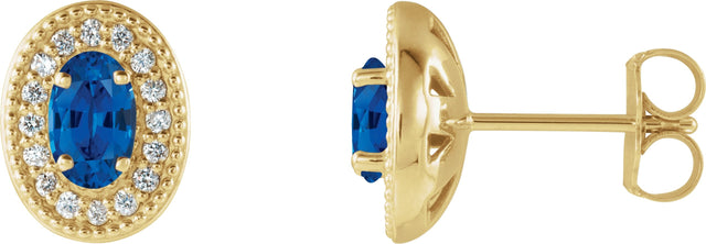 14K Gold Natural Blue Sapphire & Natural Diamond Oval 4-Prong Halo-Style Earrings - Yellow Gold