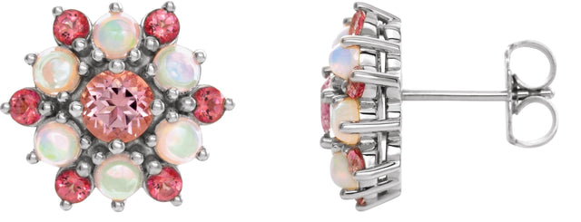 Platinum Round Natural Pink Tourmaline & Natural Ethiopian Opal Accented Cabochon Earrings