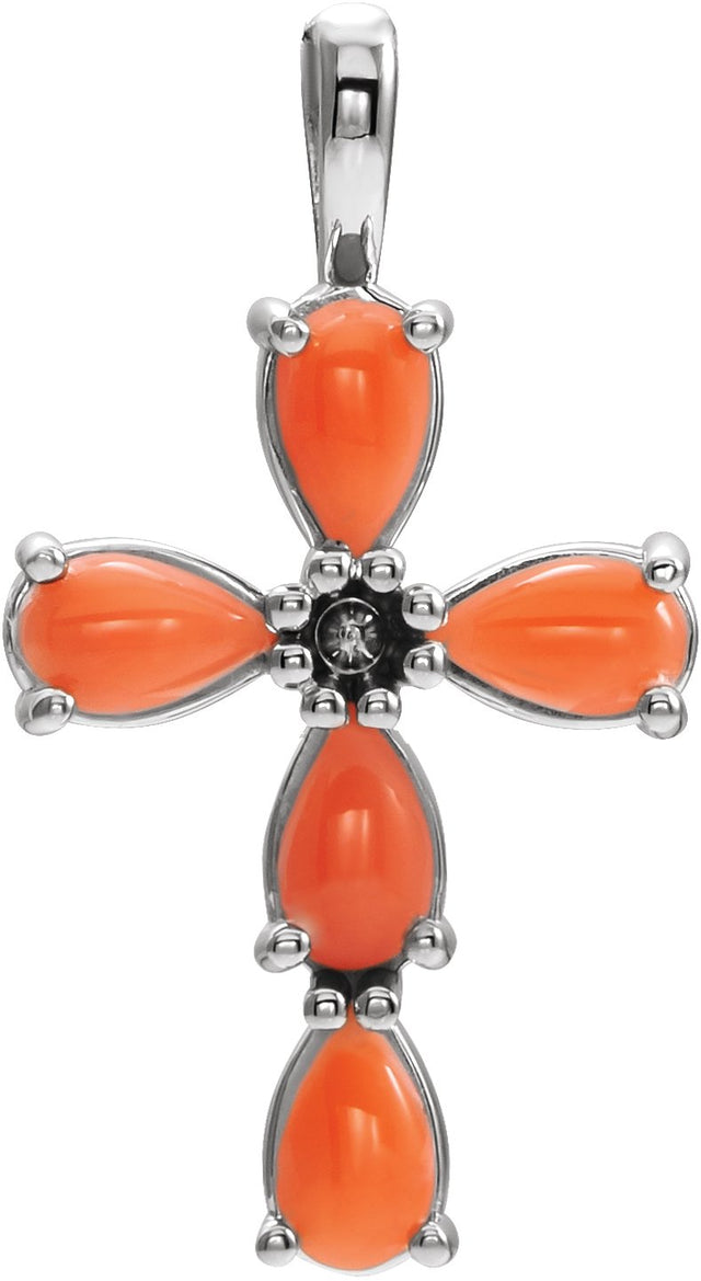 14K Gold Pear Natural Pink Coral Beaded Cross Necklace or Pendant - White Gold