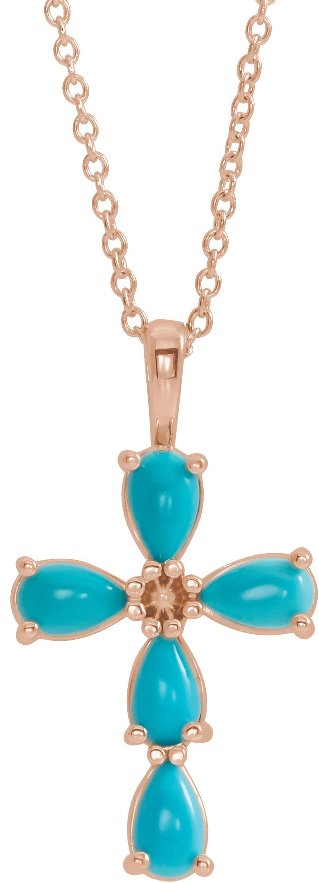 14K Gold Pear Natural Turquoise Beaded Cross Necklace or Pendant - Rose Gold