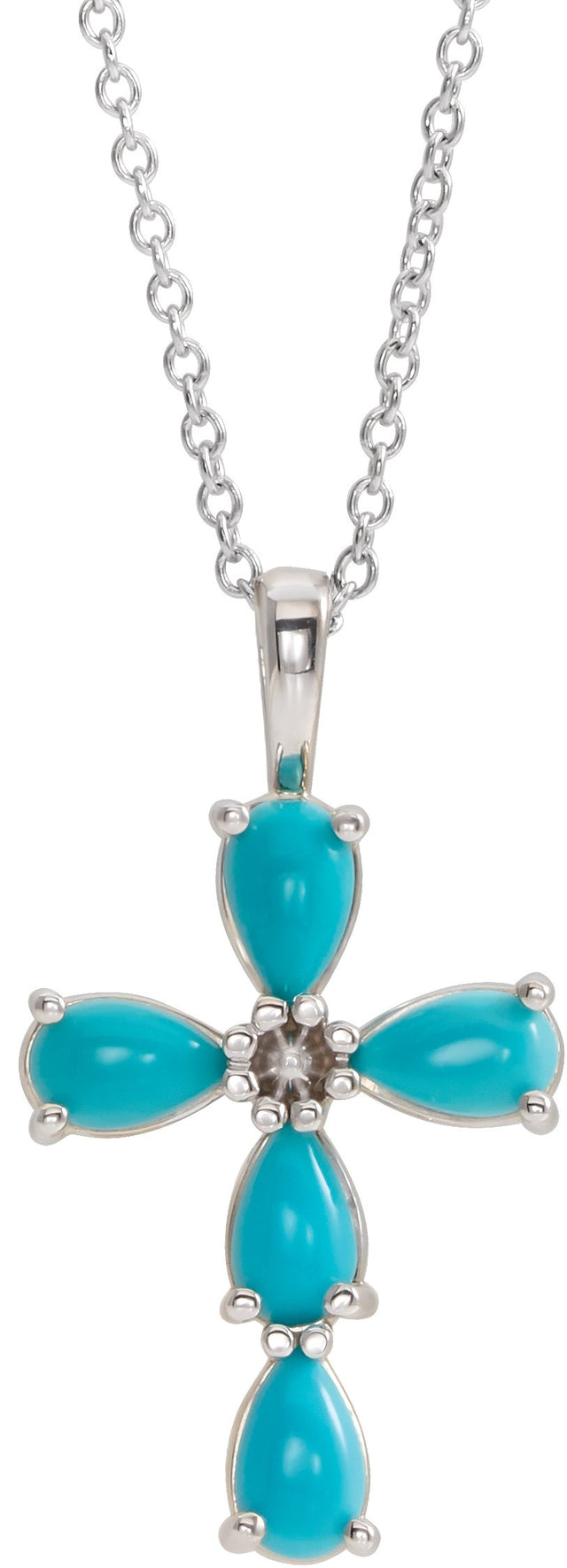 14K Gold Pear Natural Turquoise Beaded Cross Necklace or Pendant - White Gold