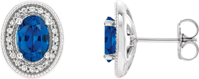 Platinum Natural Blue Sapphire & Natural Diamond Oval 4-Prong Halo-Style Earrings