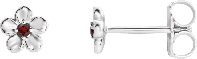 14K Gold Round Mozambique Garnet Youth Flower Earrings - White Gold