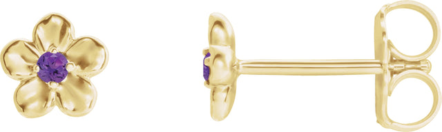 14K Gold Round Amethyst Youth Flower Earrings - Yellow Gold