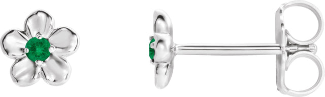 14K Gold Round Emerald Youth Flower Earrings - White Gold