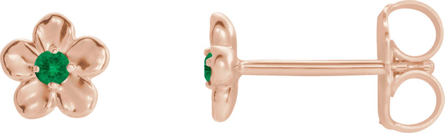 14K Gold Round Emerald Youth Flower Earrings - Rose Gold