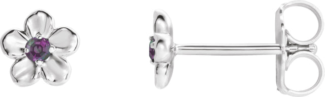 14K Gold Round Alexandrite Youth Flower Earrings - White Gold