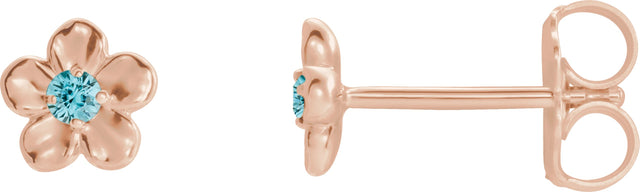 14K Gold Round Blue Zircon Youth Flower Earrings - Rose Gold
