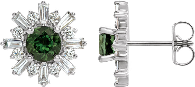 14K Gold Round Natural Green Tourmaline & Natural Diamond Halo-Style Star Earrings – 5mm Stones - White Gold