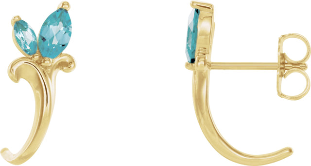 14K Gold Marquise Natural Blue Zircon Floral J-Hoop Earrings - Yellow Gold