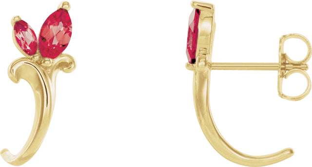 14K Gold Marquise Lab-Grown Ruby Floral J-Hoop Earrings - Yellow Gold