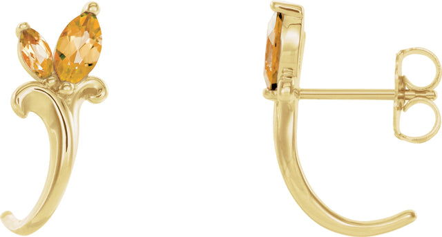 14K Gold Marquise Natural Citrine Floral J-Hoop Earrings - Yellow Gold