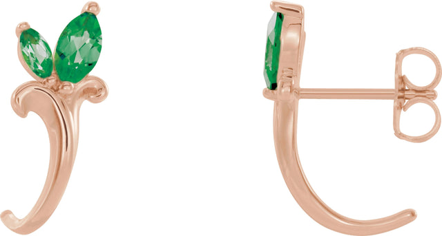 14K Gold Marquise Natural Emerald Floral J-Hoop Earrings - Rose Gold