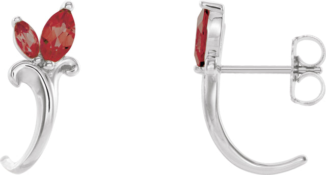 Platinum Marquise Natural Mozambique Garnet Floral J-Hoop Earrings