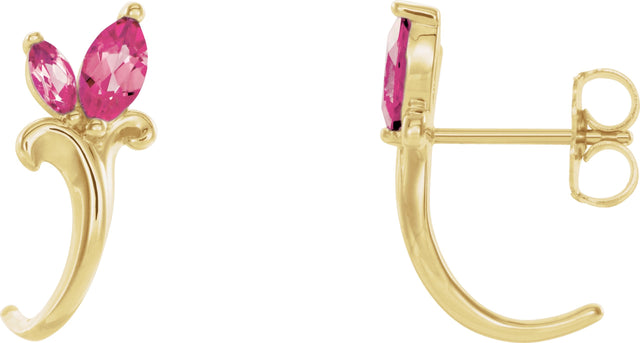 14K Gold Marquise Natural Pink Tourmaline Floral J-Hoop Earrings - Yellow Gold