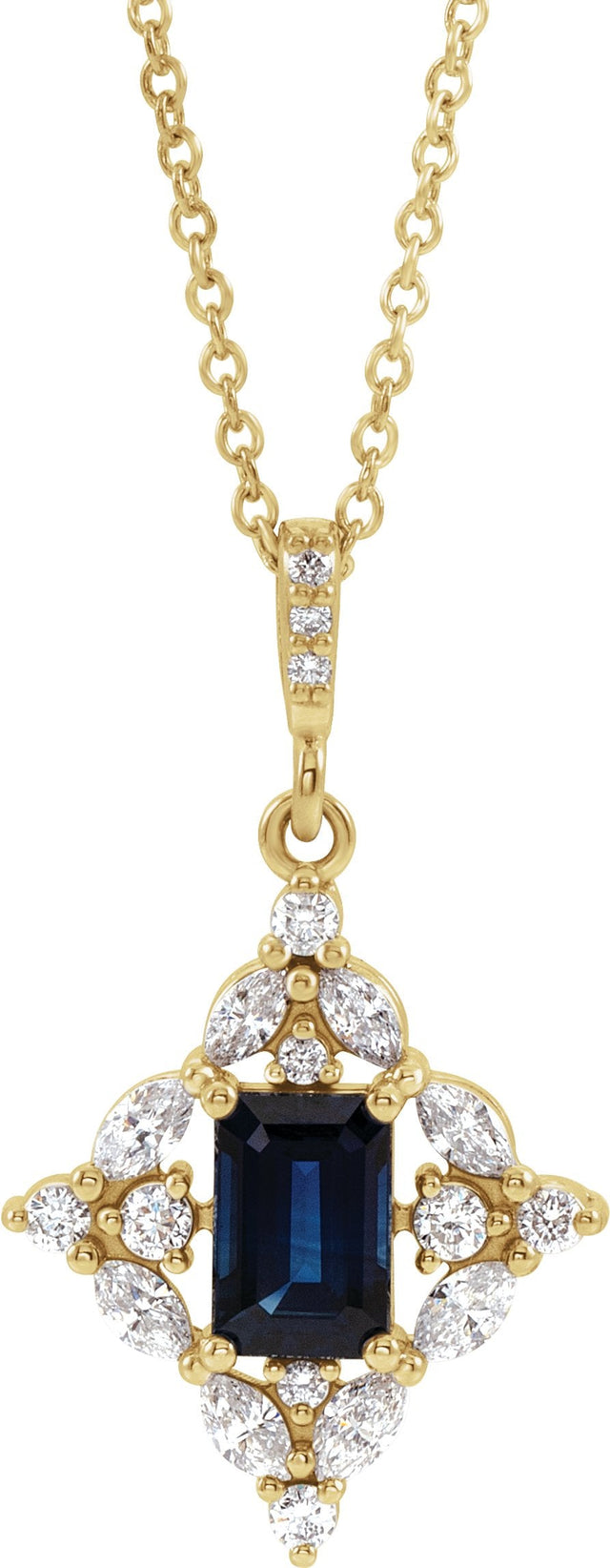 14K Gold Emerald Natural Blue Sapphire & Natural Diamond Halo-Style Necklace or Pendant - Yellow Gold