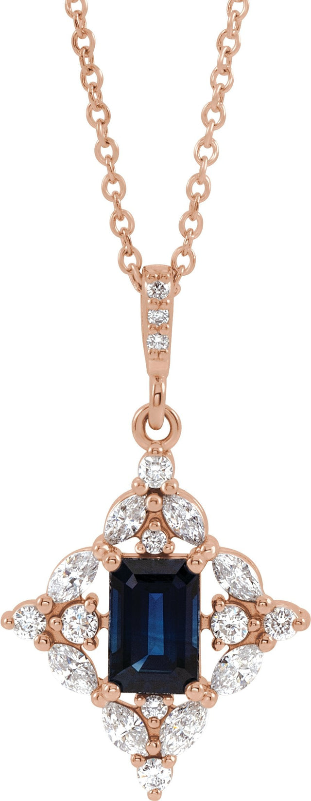 14K Gold Emerald Natural Blue Sapphire & Natural Diamond Halo-Style Necklace or Pendant - Rose Gold