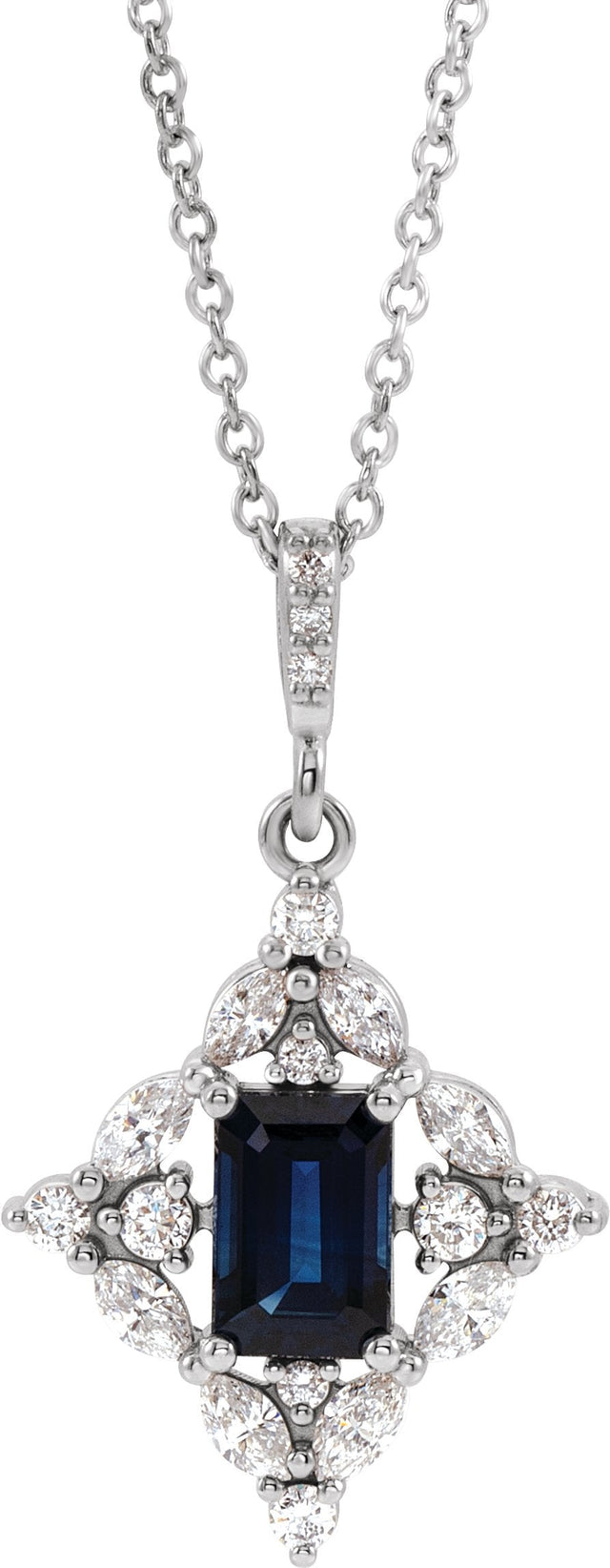 Platinum Emerald Natural Blue Sapphire & Natural Diamond Halo-Style Necklace or Pendant