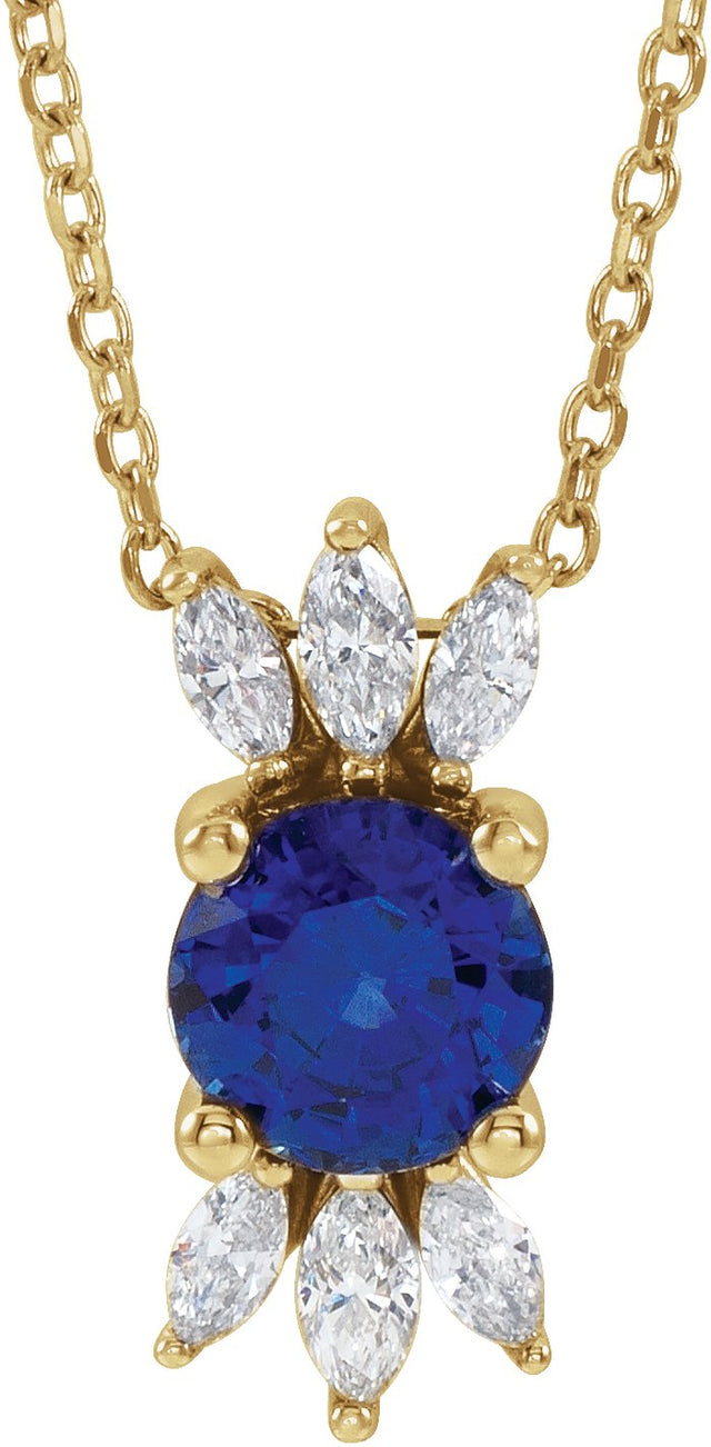 14K Gold Round Lab-Grown Blue Sapphire & Natural Diamond Accented Necklace or Pendant – 1/5 CTW - Yellow Gold