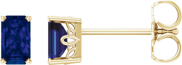 14K Gold Lab-Grown Blue Sapphire Emerald 4-Prong Scroll Setting Stud Earrings - Yellow Gold