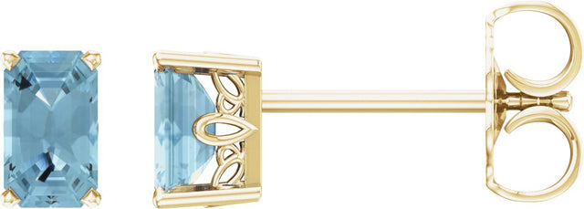 14K Gold Natural Aquamarine Emerald 4-Prong Scroll Setting Stud Earrings - Yellow Gold