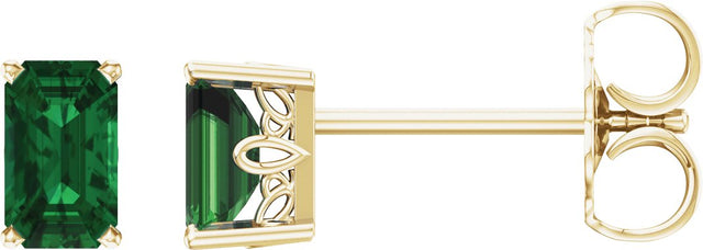 14K Gold Lab-Grown Emerald Emerald 4-Prong Scroll Setting Stud Earrings - Yellow Gold