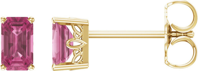14K Gold Natural Pink Tourmaline Emerald 4-Prong Scroll Setting Stud Earrings - Yellow Gold