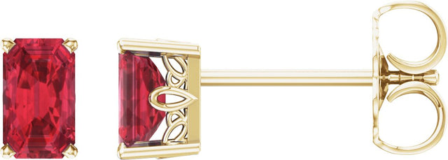 14K Gold Lab-Grown Ruby Emerald 4-Prong Scroll Setting Stud Earrings - Yellow Gold