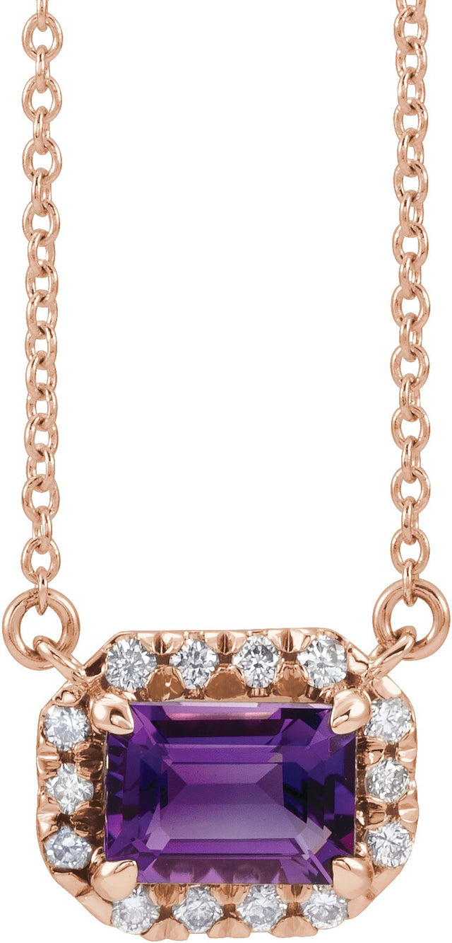 14K Gold Emerald Natural Amethyst & Natural Diamond French-Set Halo-Style Necklace - Rose Gold