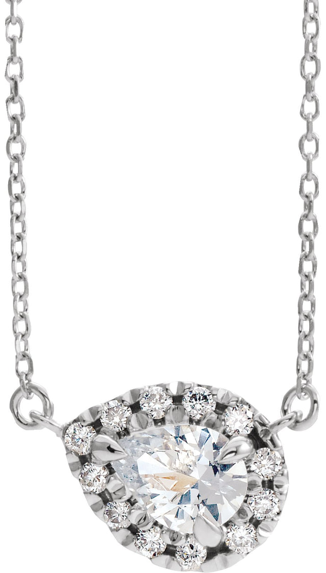Platinum Pear Natural White Sapphire & Natural Diamond French-Set Halo-Style Necklace