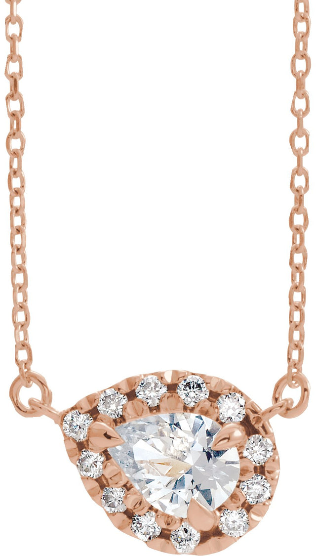 14K Gold Pear Natural White Sapphire & Natural Diamond French-Set Halo-Style Necklace - Rose Gold
