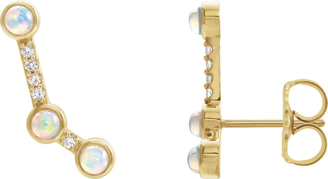 14K Gold Round Natural Ethiopian Opal & Natural Diamond Scattered Cabochon Ear Climbers - Yellow Gold