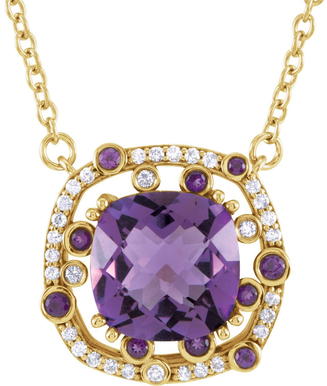 14K Gold Cushion Natural Amethyst & Natural Diamond Halo-Style Necklace – 1/6 CTW - Yellow Gold