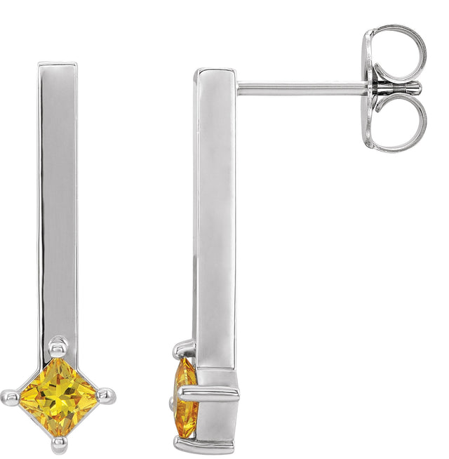 14K Gold Square Natural Yellow Sapphire Bar Drop Earrings - White Gold