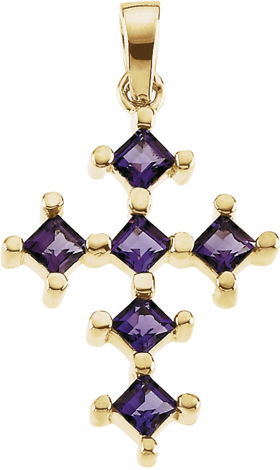 14K Gold Square Natural Amethyst Accented Cross Pendant