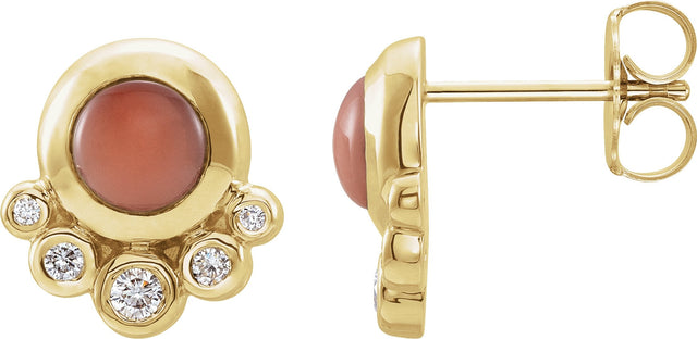 14K Gold Round Natural Pink Coral & Natural Diamond Accented Cabochon Earrings - Yellow Gold