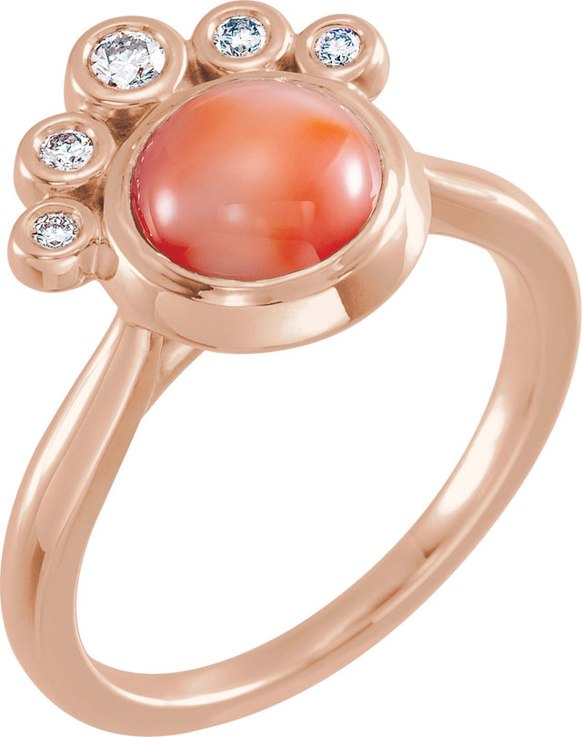 14K Gold Round Natural Pink Coral & Natural Diamond Bezel-Set Cabochon Ring - Rose Gold