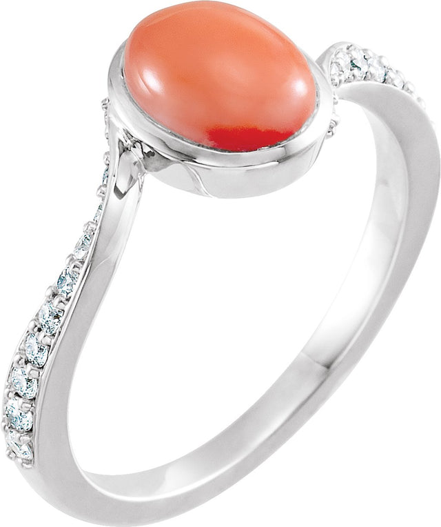 14K Gold Oval Natural Pink Coral & Natural Diamond Accented Bypass Ring – 8x6mm - White Gold