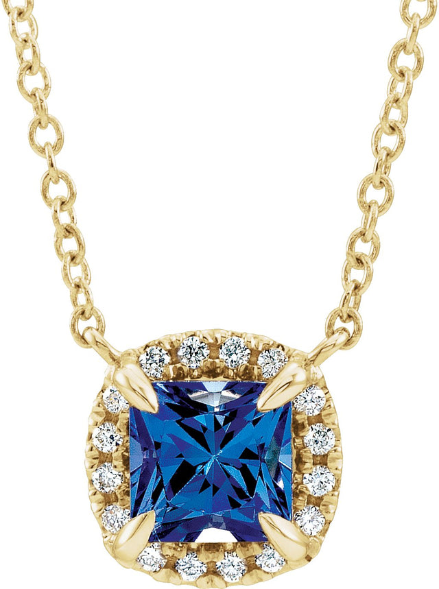 14K Gold Square Natural Blue Sapphire & Natural Diamond Halo-Style Necklace - Yellow Gold