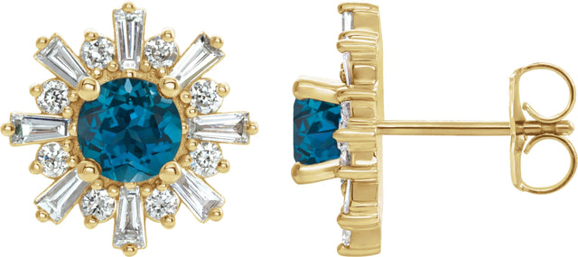 14K Gold Round Natural London Blue Topaz & Natural Diamond Halo-Style Star Earrings II - Yellow Gold